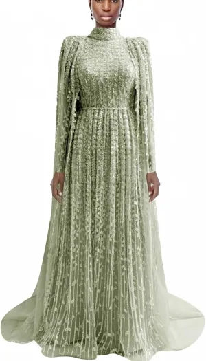 Elegant Mint Green Evening Gown, Long Sleeve Lace-Up Back, High Neck Pleated Maxi Dress with Sequin Detail