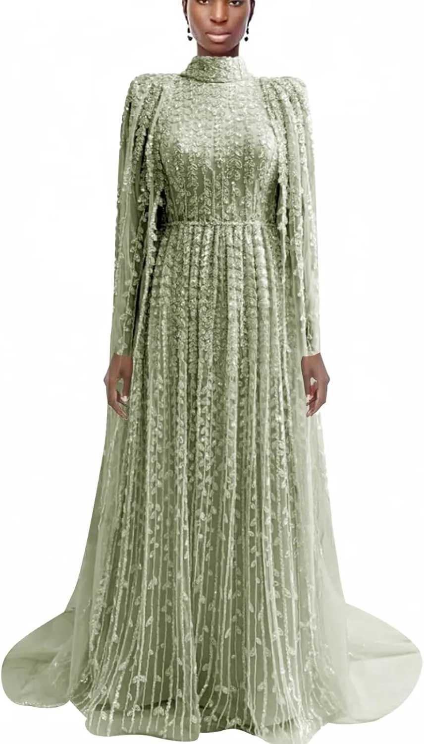 Elegant Mint Green Evening Gown, Long Sleeve Lace-Up Back, High Neck Pleated Maxi Dress with Sequin Detail