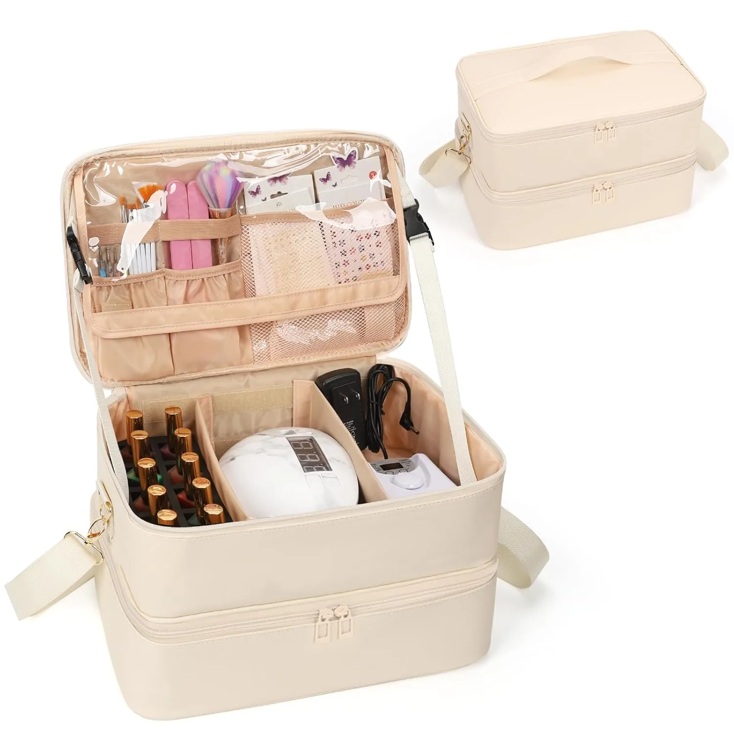 Ethereal Nail Polish Organizer Case, Leather Nail Polish Bag Holds 50  Bottles (5ml/0.5fl.oz) and Nail Lamp, Nail Storage Organizer with Compartment, Leather White