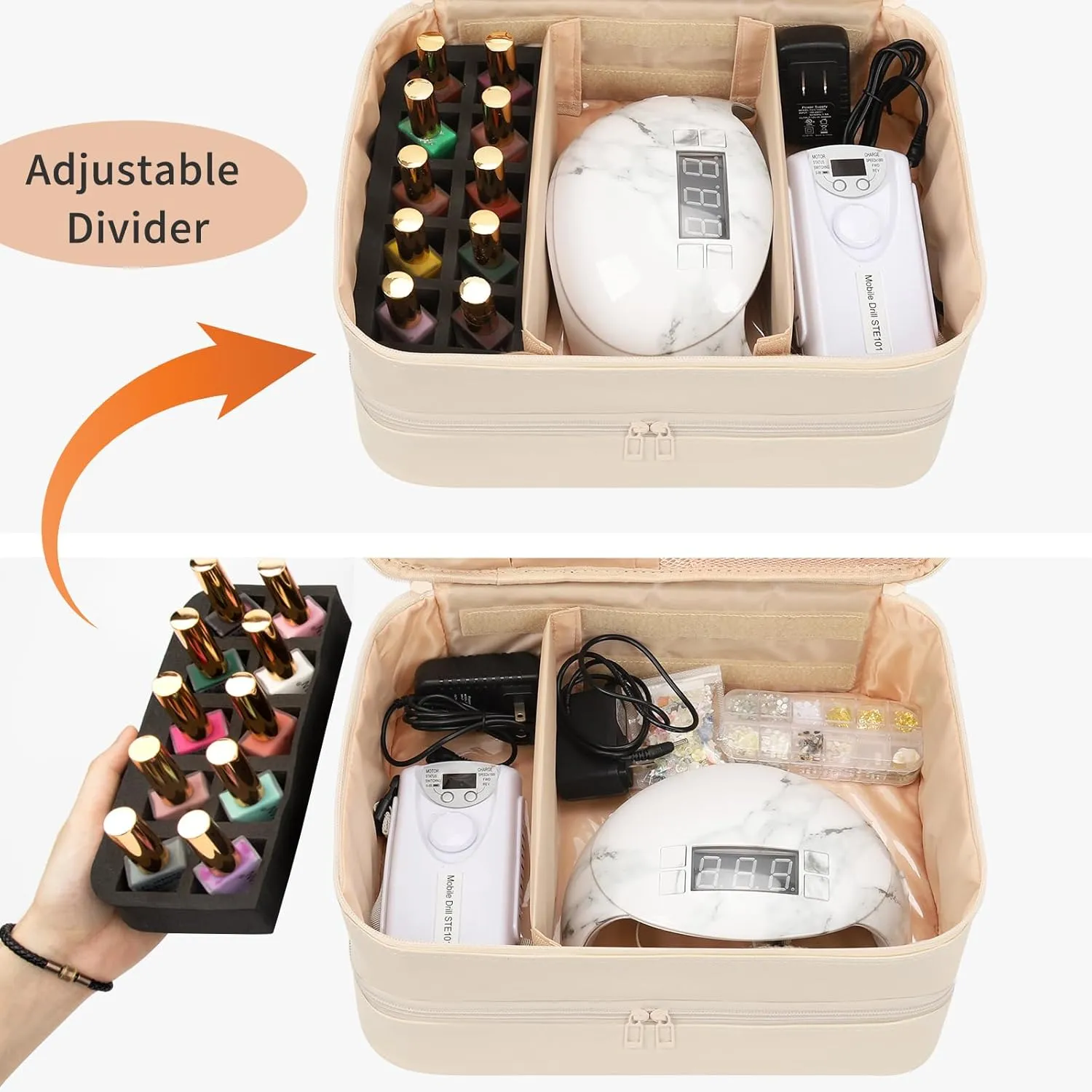 Ethereal Nail Polish Organizer Case, Leather Nail Polish Bag Holds 50  Bottles (5ml/0.5fl.oz) and Nail Lamp, Nail Storage Organizer with Compartment, Leather White
