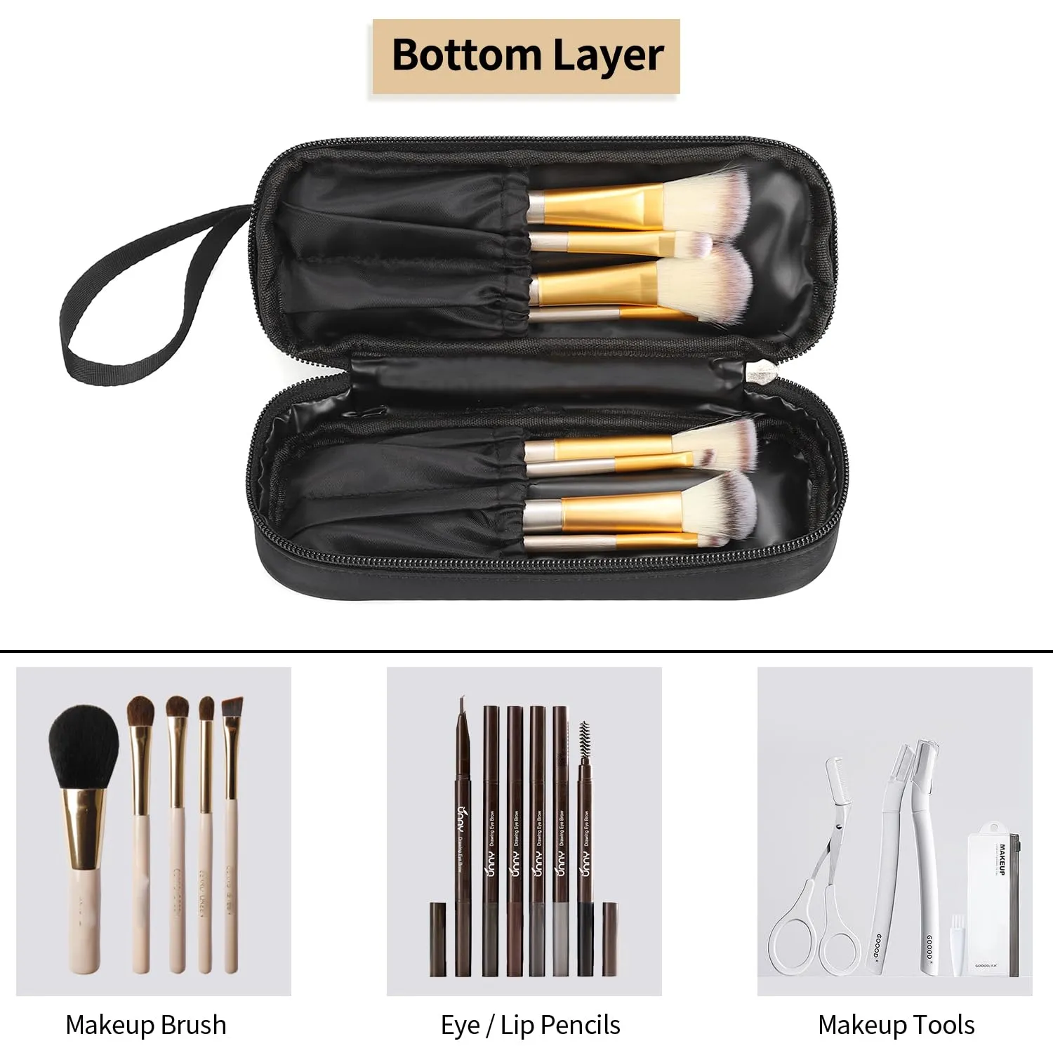 Ethereal Small Makeup Bag, 2 Layers Travel Makeup Bag with Makeup Brush Holder, Cosmetic Bag Black Make up Pouch for Women/Girls