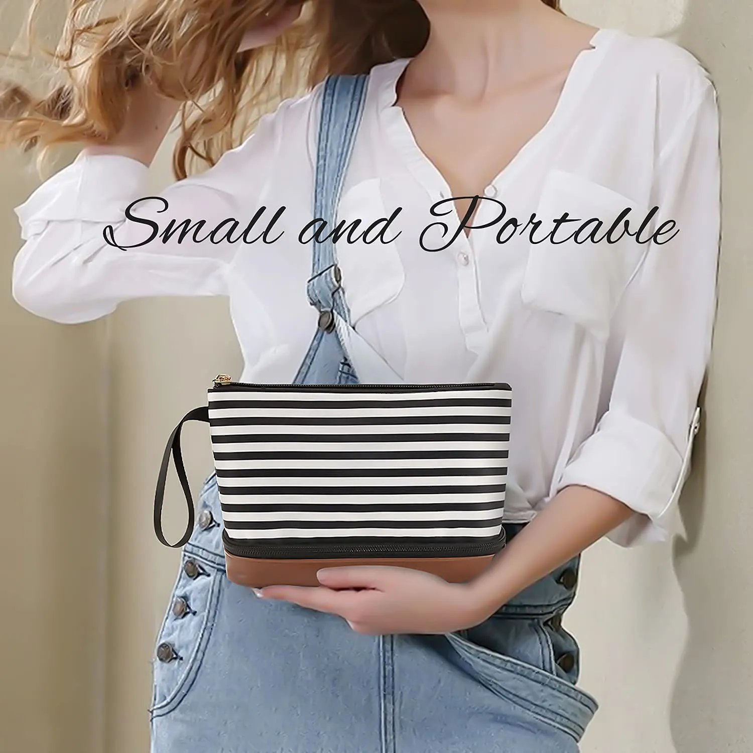 Ethereal Small Makeup Bag for Purse, Stripe Makeup Brush Organizer Bag Travel Make up Bags for Women Double Layer Makeup Pouch for Girls/Women