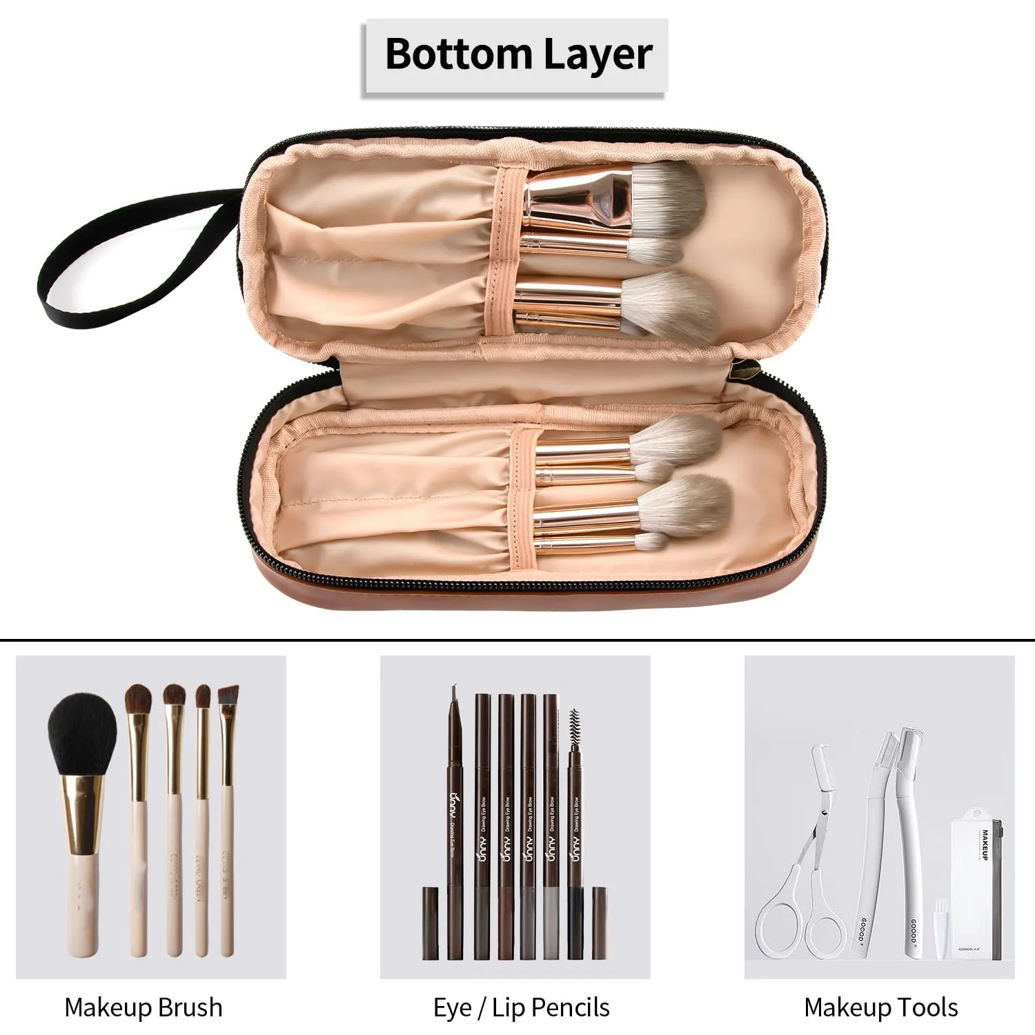 Ethereal Small Makeup Bag for Purse, Stripe Makeup Brush Organizer Bag Travel Make up Bags for Women Double Layer Makeup Pouch for Girls/Women