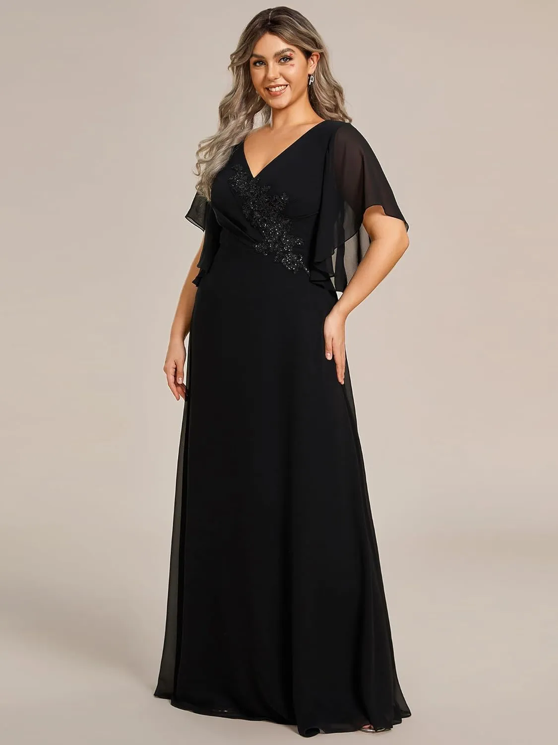 Ever-Pretty Plus Women's Chiffon Appliques Ruffles Sleeves Ruched Waist Mother's Dress 02033-DA
