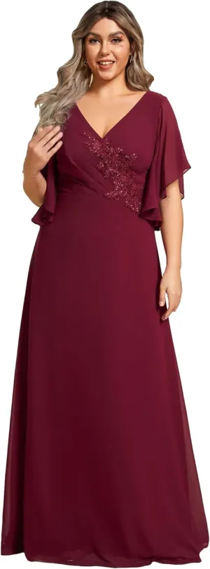 Ever-Pretty Plus Women's Chiffon Appliques Ruffles Sleeves Ruched Waist Mother's Dress 02033-DA