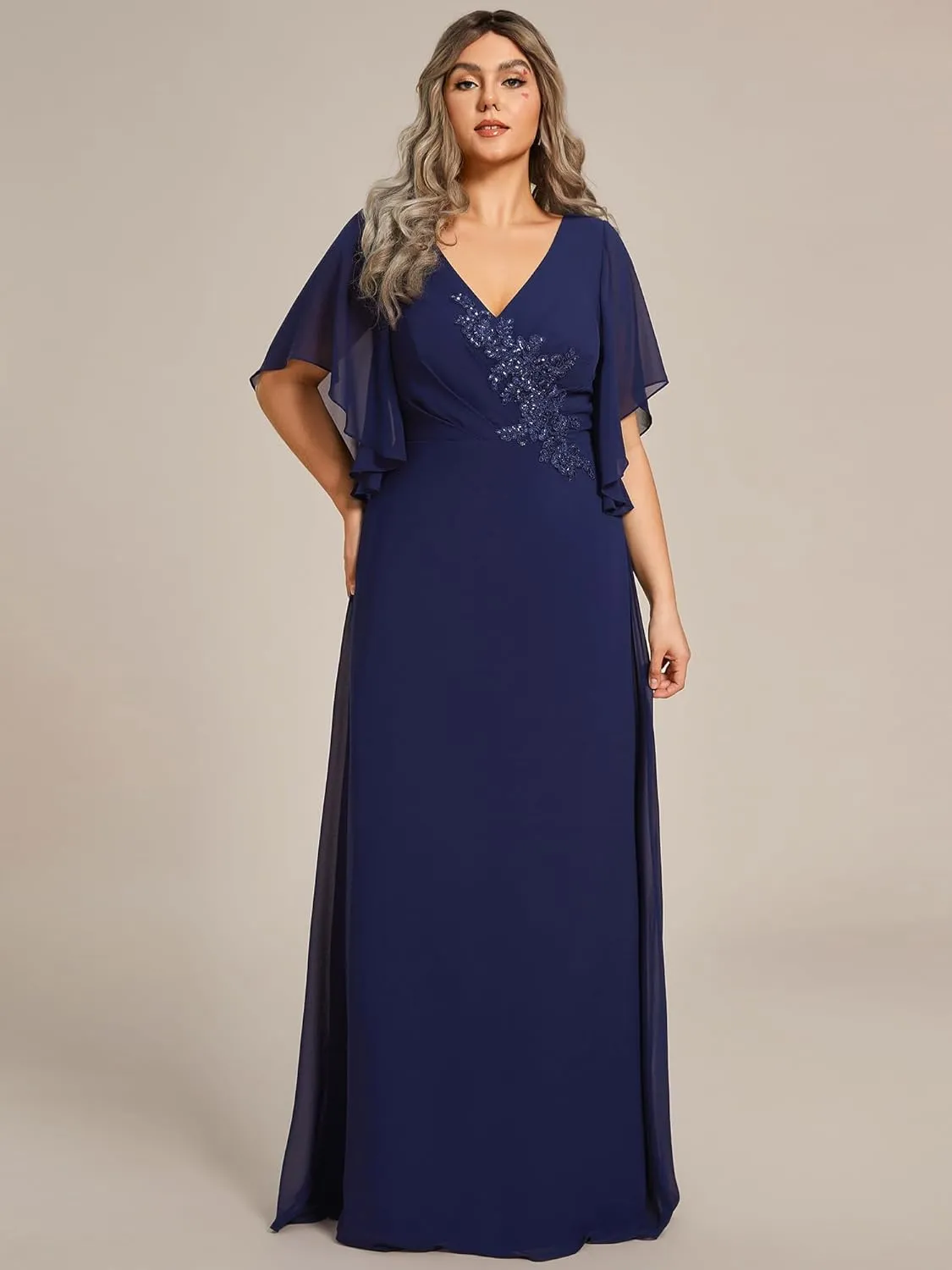 Ever-Pretty Plus Women's Chiffon Appliques Ruffles Sleeves Ruched Waist Mother's Dress 02033-DA