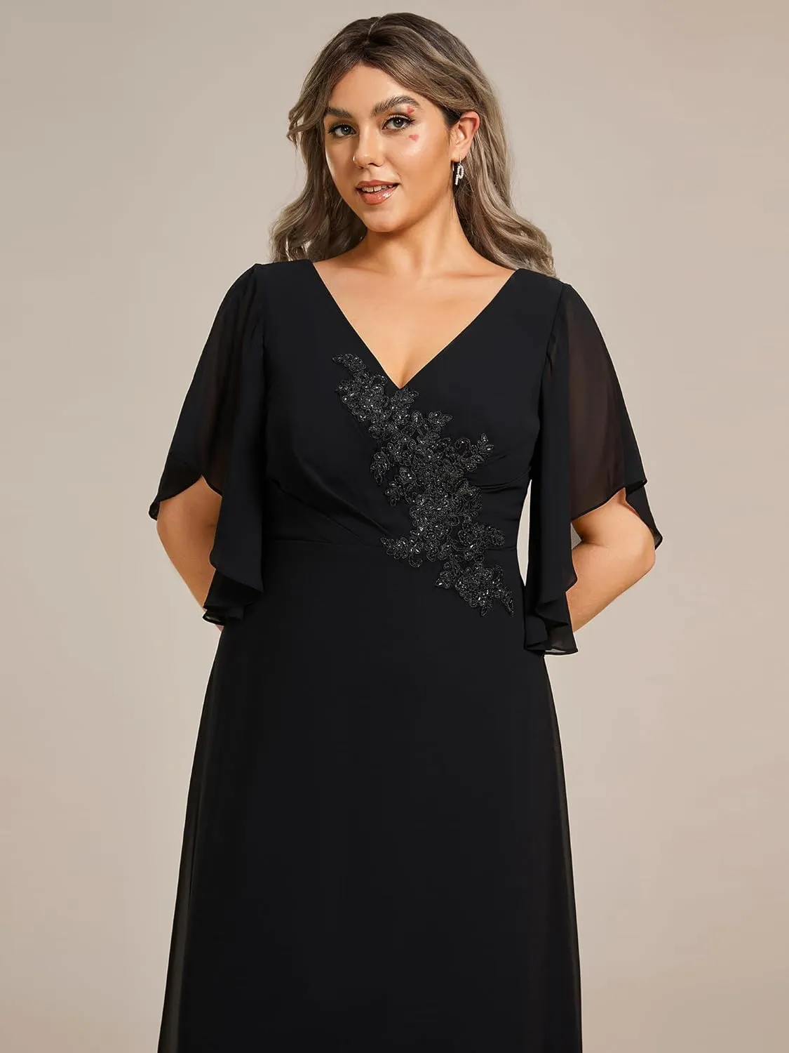Ever-Pretty Plus Women's Chiffon Appliques Ruffles Sleeves Ruched Waist Mother's Dress 02033-DA