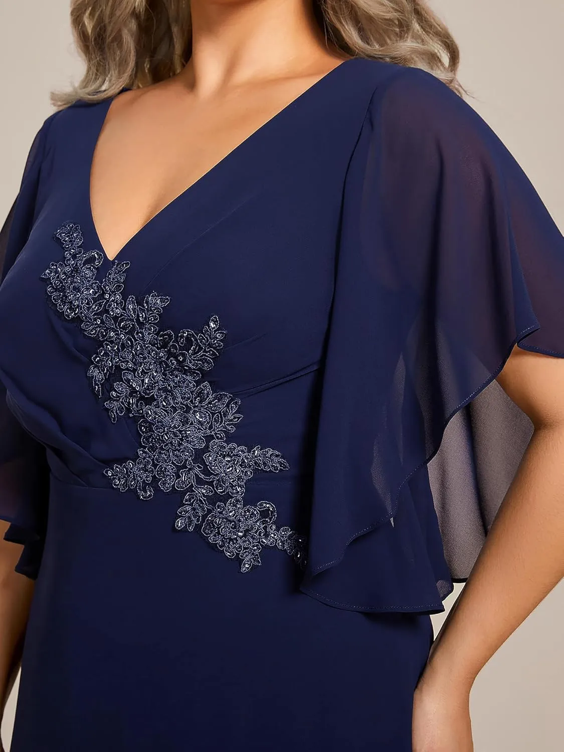 Ever-Pretty Plus Women's Chiffon Appliques Ruffles Sleeves Ruched Waist Mother's Dress 02033-DA