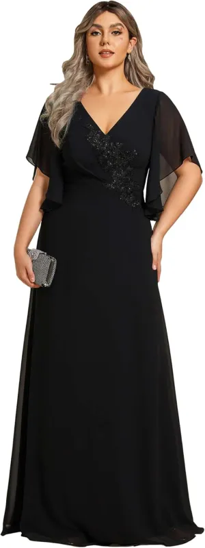 Ever-Pretty Plus Women's Chiffon Appliques Ruffles Sleeves Ruched Waist Mother's Dress 02033-DA