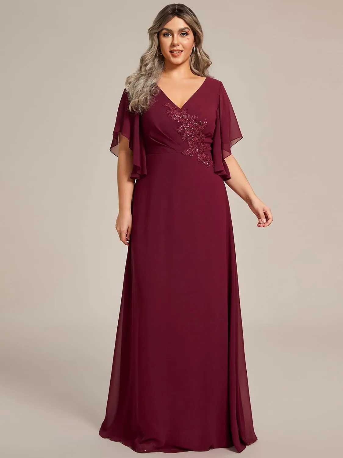 Ever-Pretty Plus Women's Chiffon Appliques Ruffles Sleeves Ruched Waist Mother's Dress 02033-DA