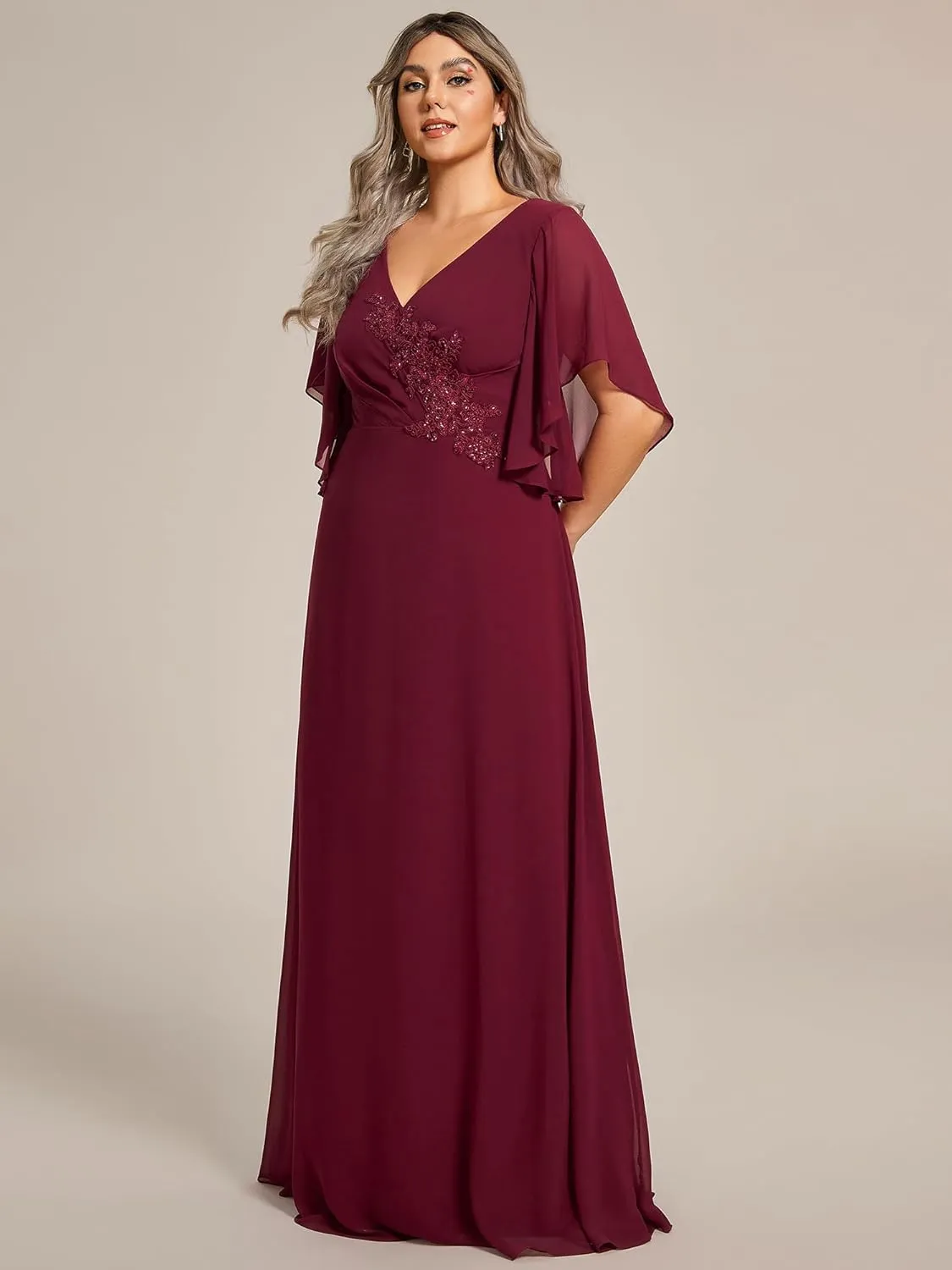 Ever-Pretty Plus Women's Chiffon Appliques Ruffles Sleeves Ruched Waist Mother's Dress 02033-DA
