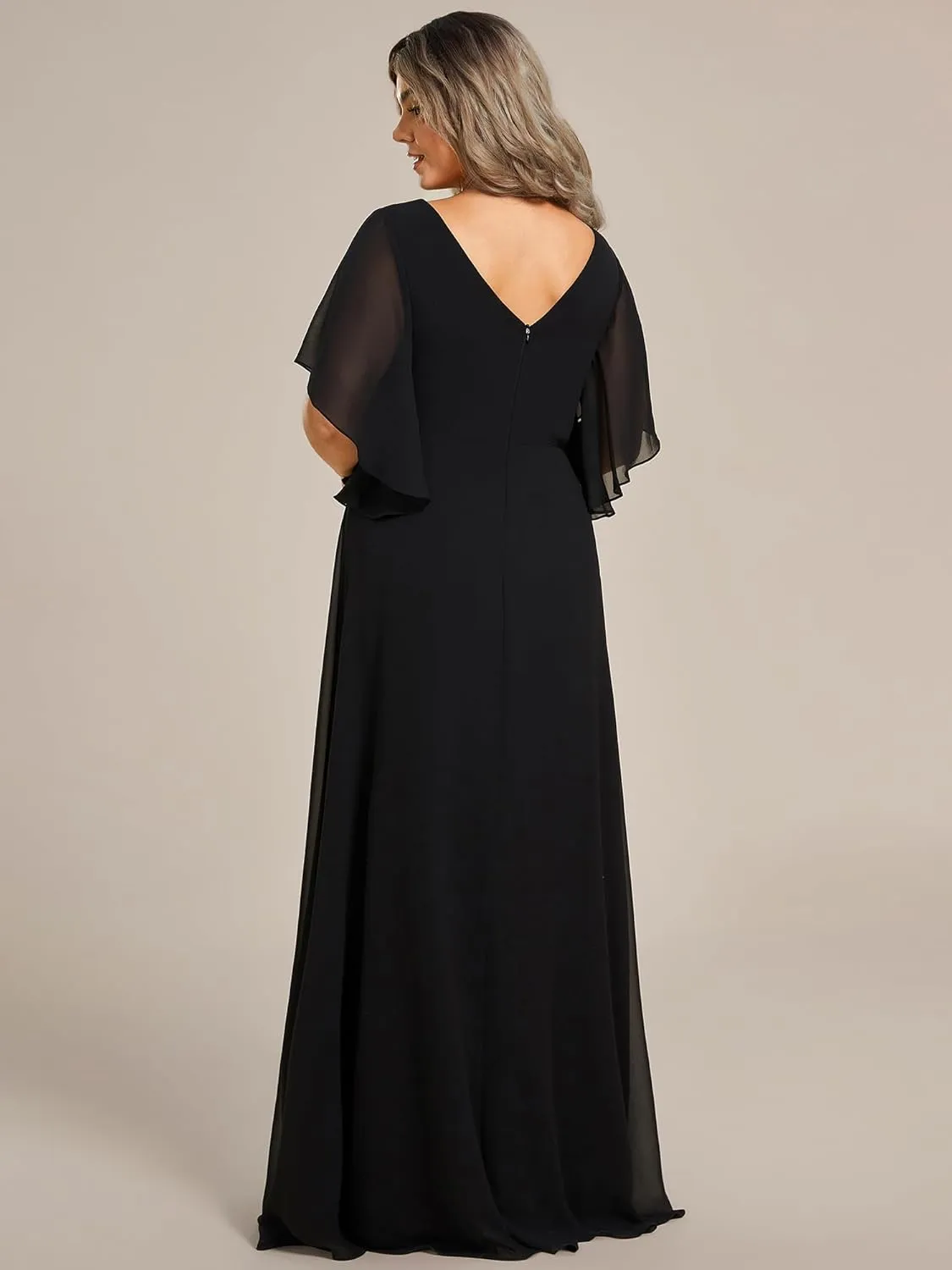 Ever-Pretty Plus Women's Chiffon Appliques Ruffles Sleeves Ruched Waist Mother's Dress 02033-DA