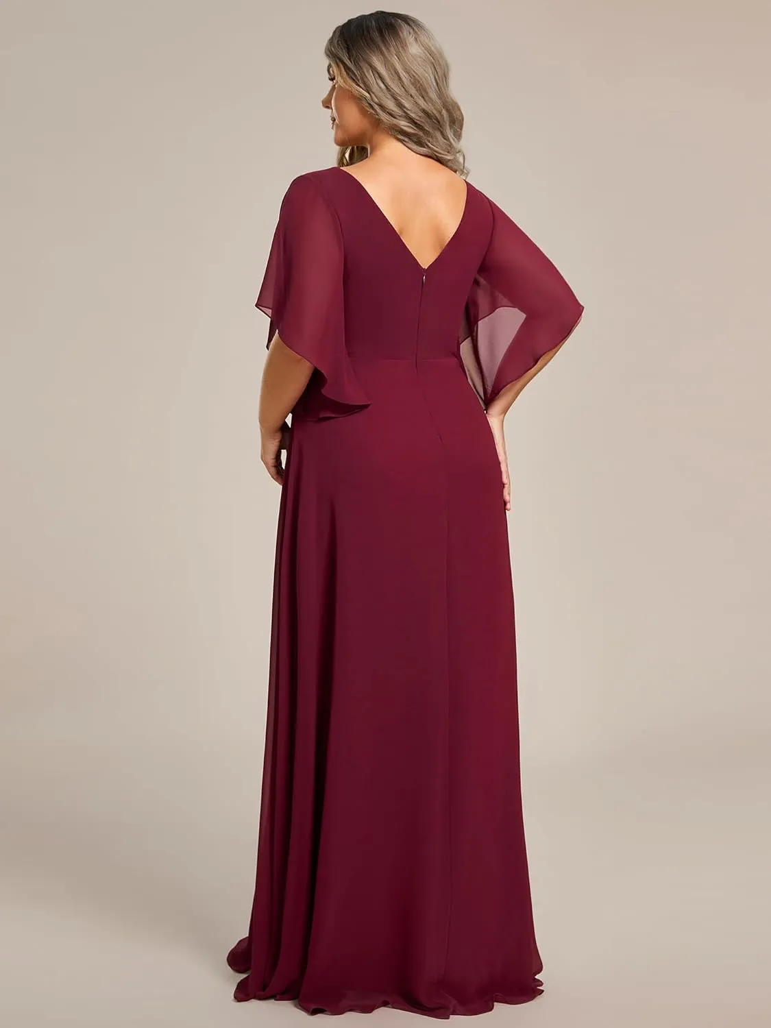 Ever-Pretty Plus Women's Chiffon Appliques Ruffles Sleeves Ruched Waist Mother's Dress 02033-DA