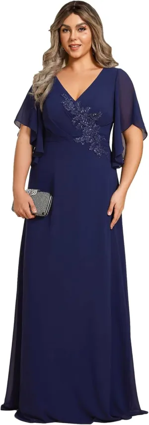 Ever-Pretty Plus Women's Chiffon Appliques Ruffles Sleeves Ruched Waist Mother's Dress 02033-DA