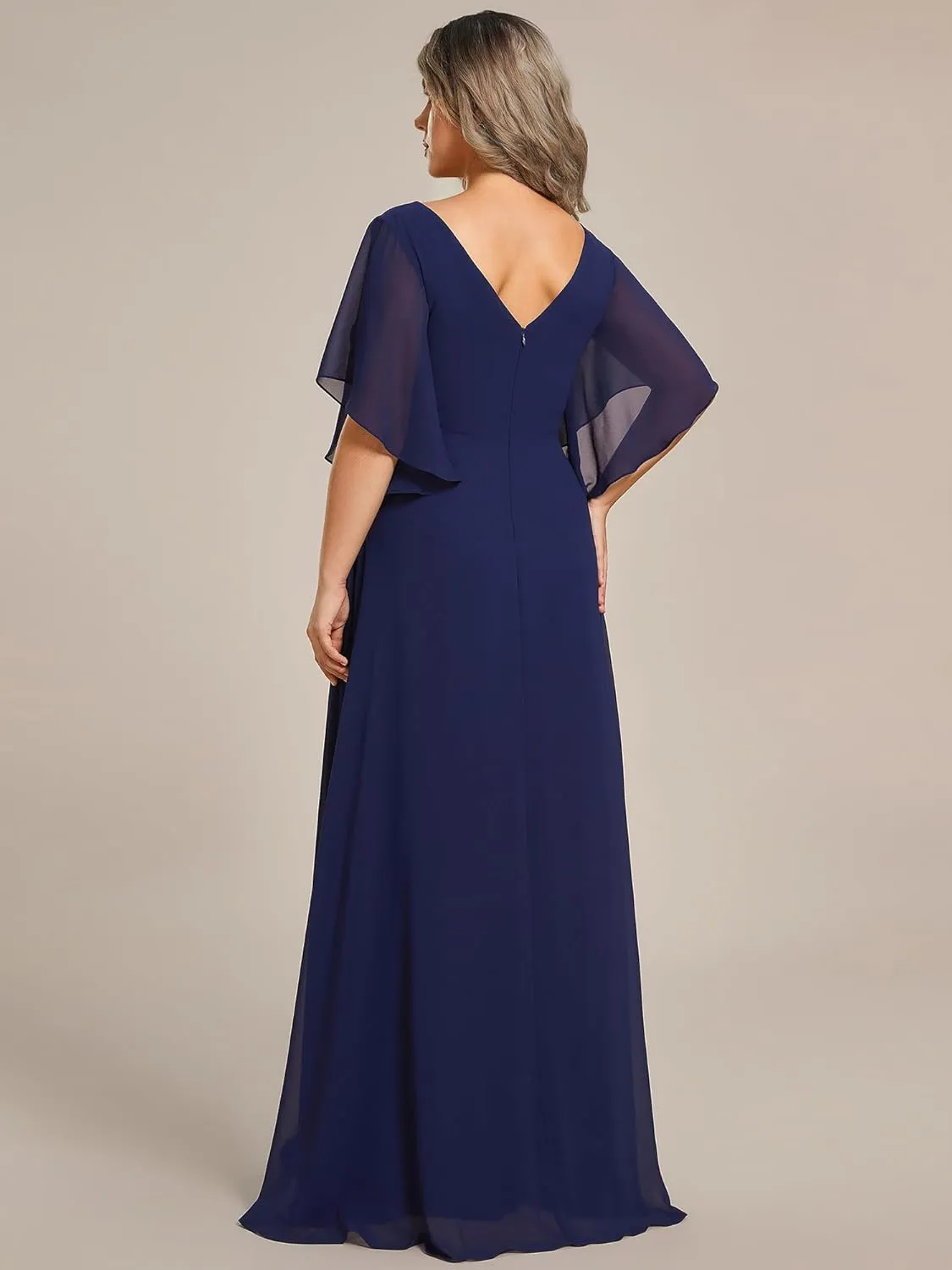 Ever-Pretty Plus Women's Chiffon Appliques Ruffles Sleeves Ruched Waist Mother's Dress 02033-DA