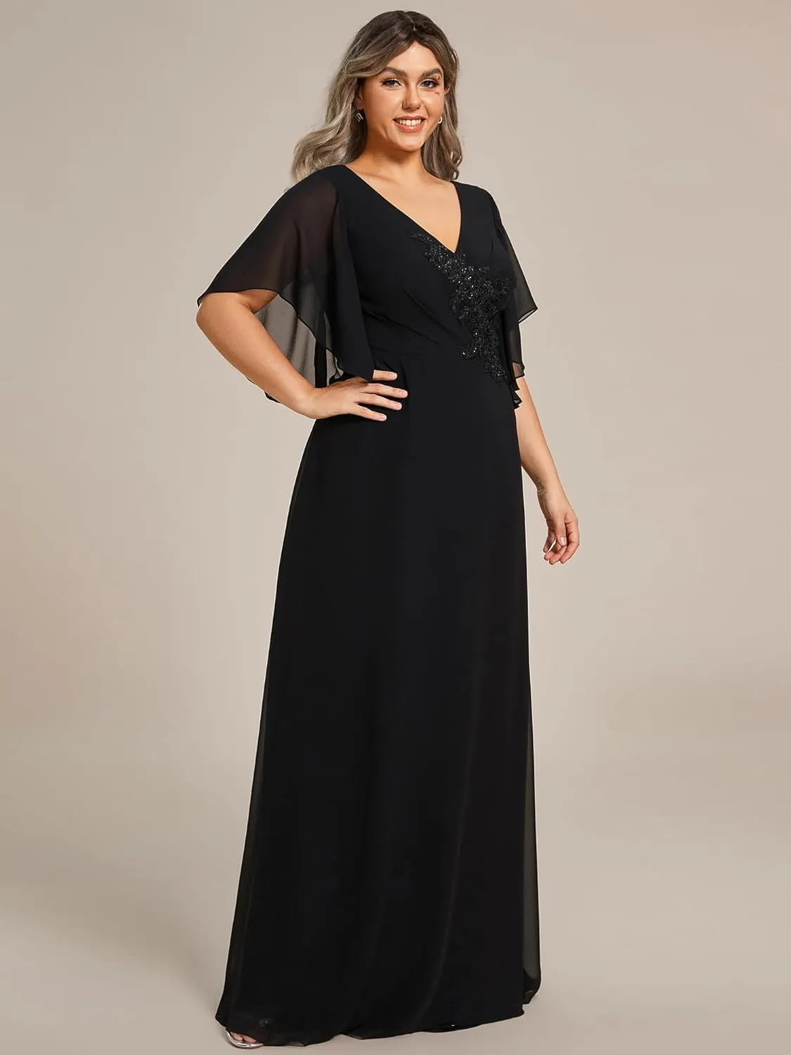 Ever-Pretty Plus Women's Chiffon Appliques Ruffles Sleeves Ruched Waist Mother's Dress 02033-DA