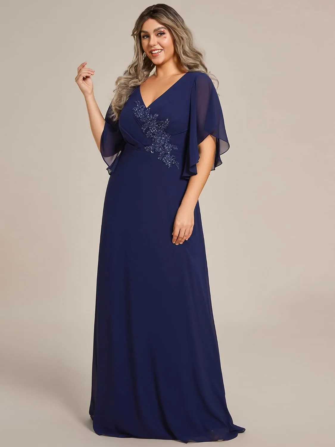 Ever-Pretty Plus Women's Chiffon Appliques Ruffles Sleeves Ruched Waist Mother's Dress 02033-DA