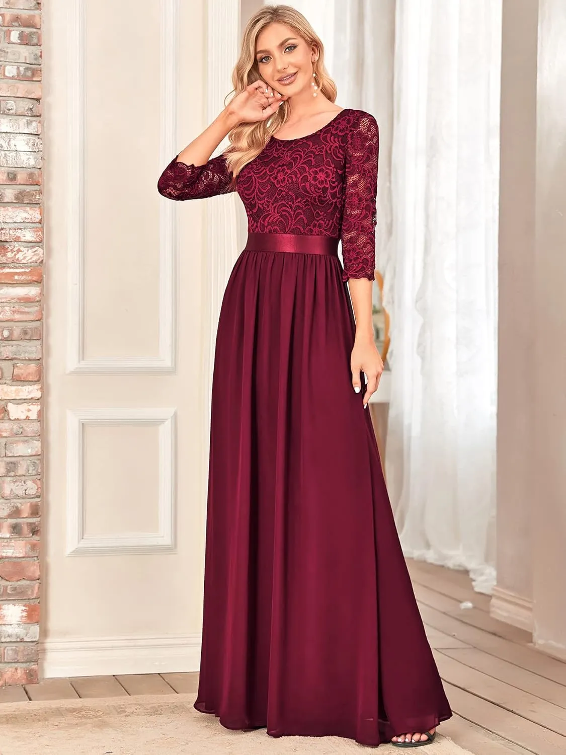 Ever-Pretty Women's Bridesmaid Dresses 3/4 Sleeve Empire Waist Maxi Mother of The Bride Dresses 07412