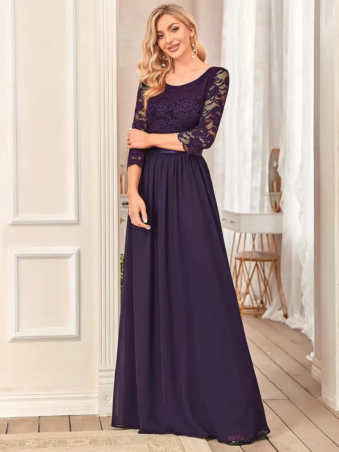 Ever-Pretty Women's Bridesmaid Dresses 3/4 Sleeve Empire Waist Maxi Mother of The Bride Dresses 07412