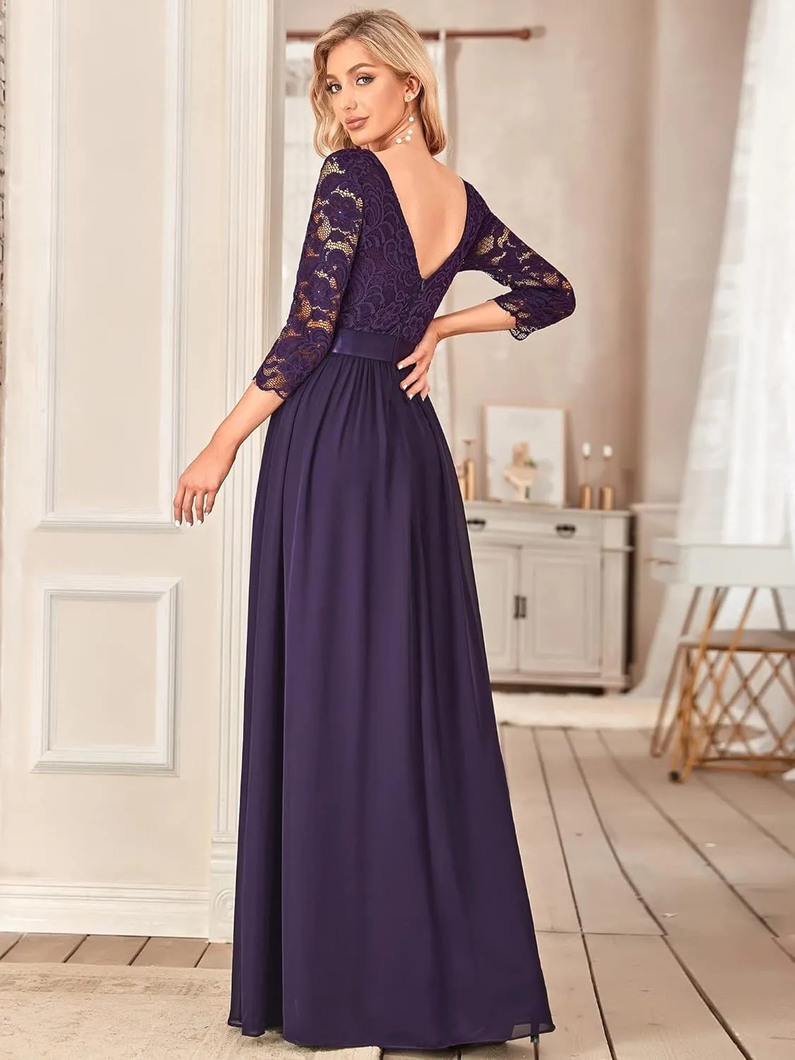 Ever-Pretty Women's Bridesmaid Dresses 3/4 Sleeve Empire Waist Maxi Mother of The Bride Dresses 07412