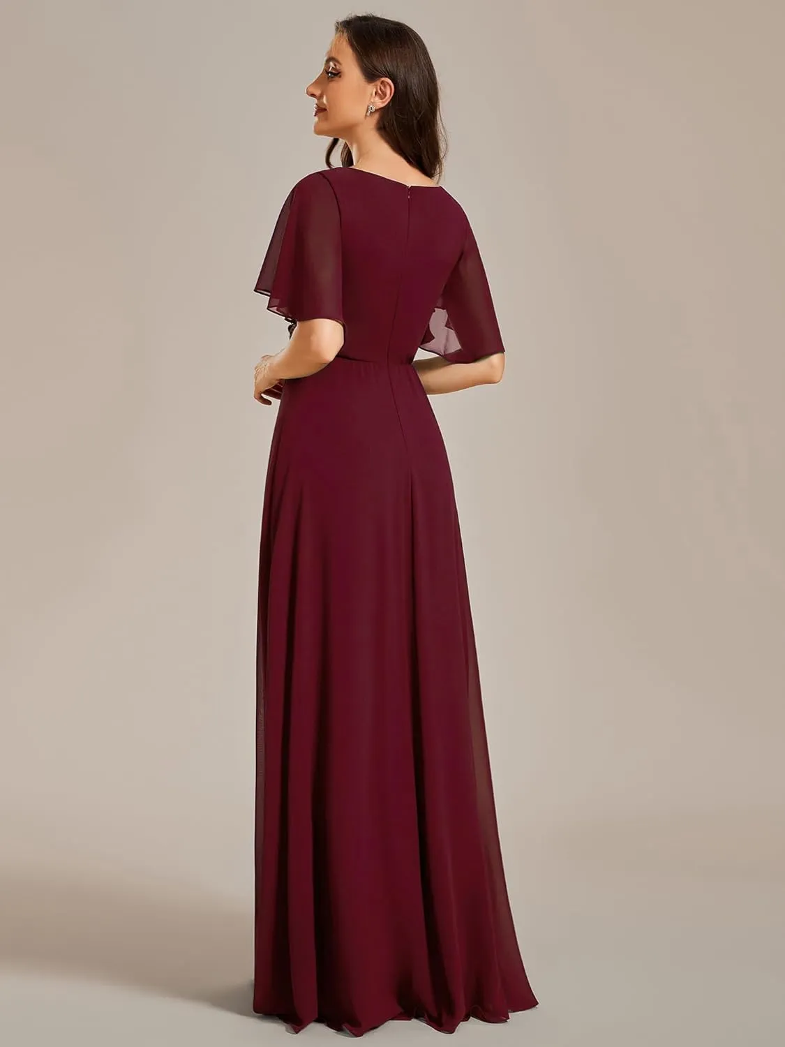 Ever-Pretty Women's Chiffon A-Line Ruched Short Sleeves Applique Waist V Neck Formal Dresses and Evening Gowns
