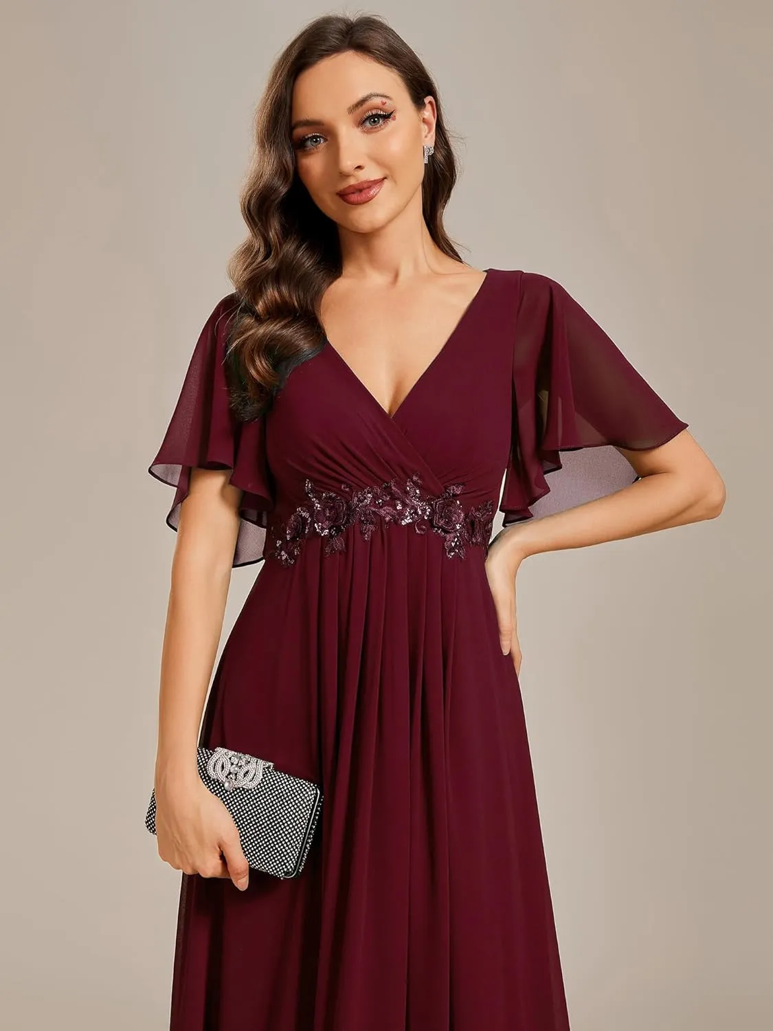 Ever-Pretty Women's Chiffon A-Line Ruched Short Sleeves Applique Waist V Neck Formal Dresses and Evening Gowns