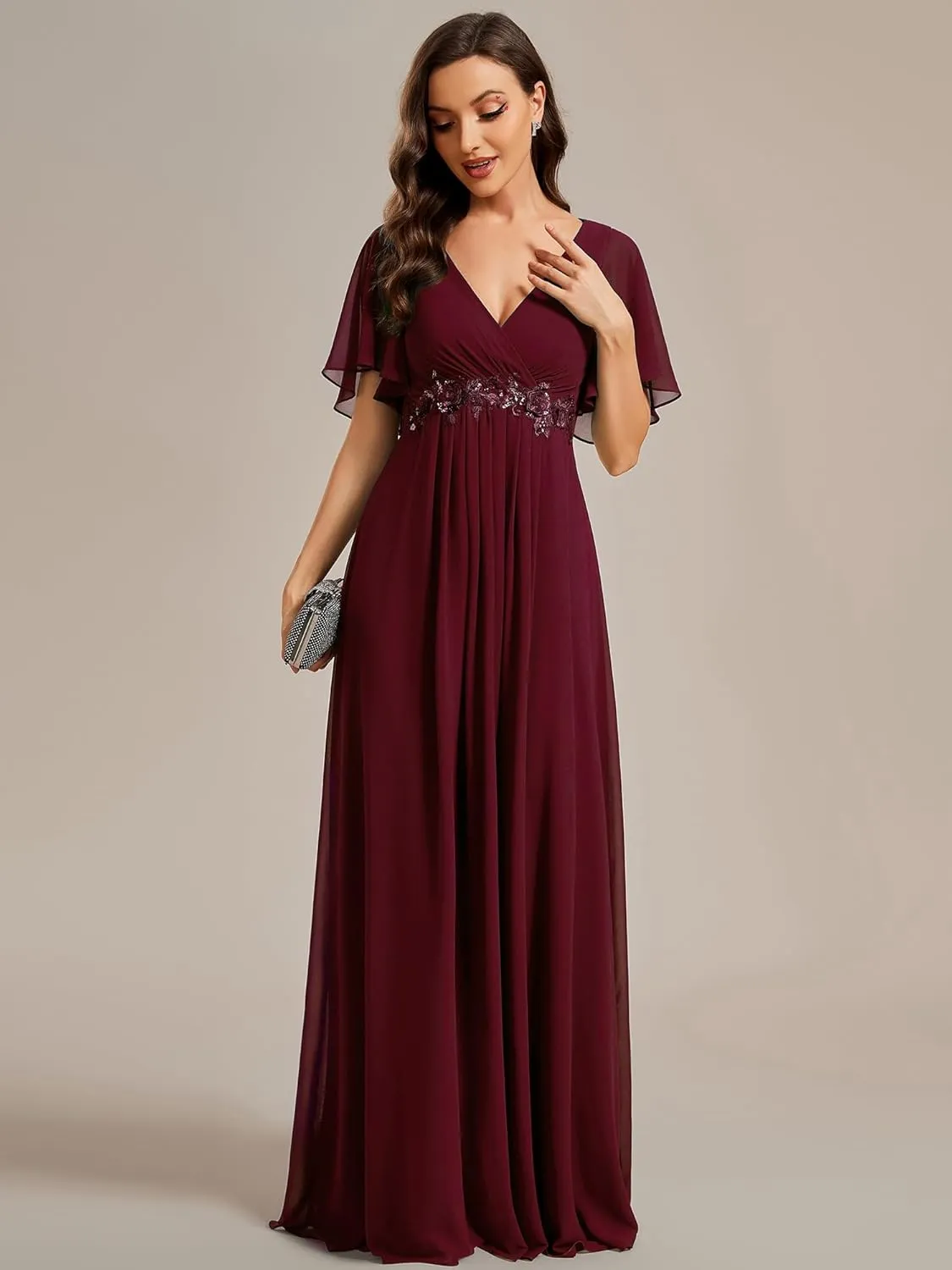 Ever-Pretty Women's Chiffon A-Line Ruched Short Sleeves Applique Waist V Neck Formal Dresses and Evening Gowns