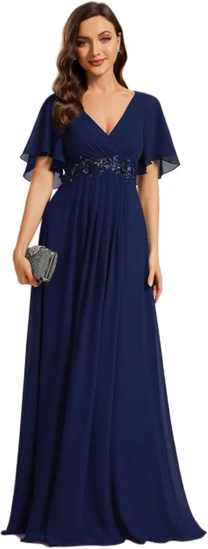 Ever-Pretty Women's Chiffon A-Line Ruched Short Sleeves Applique Waist V Neck Formal Dresses and Evening Gowns
