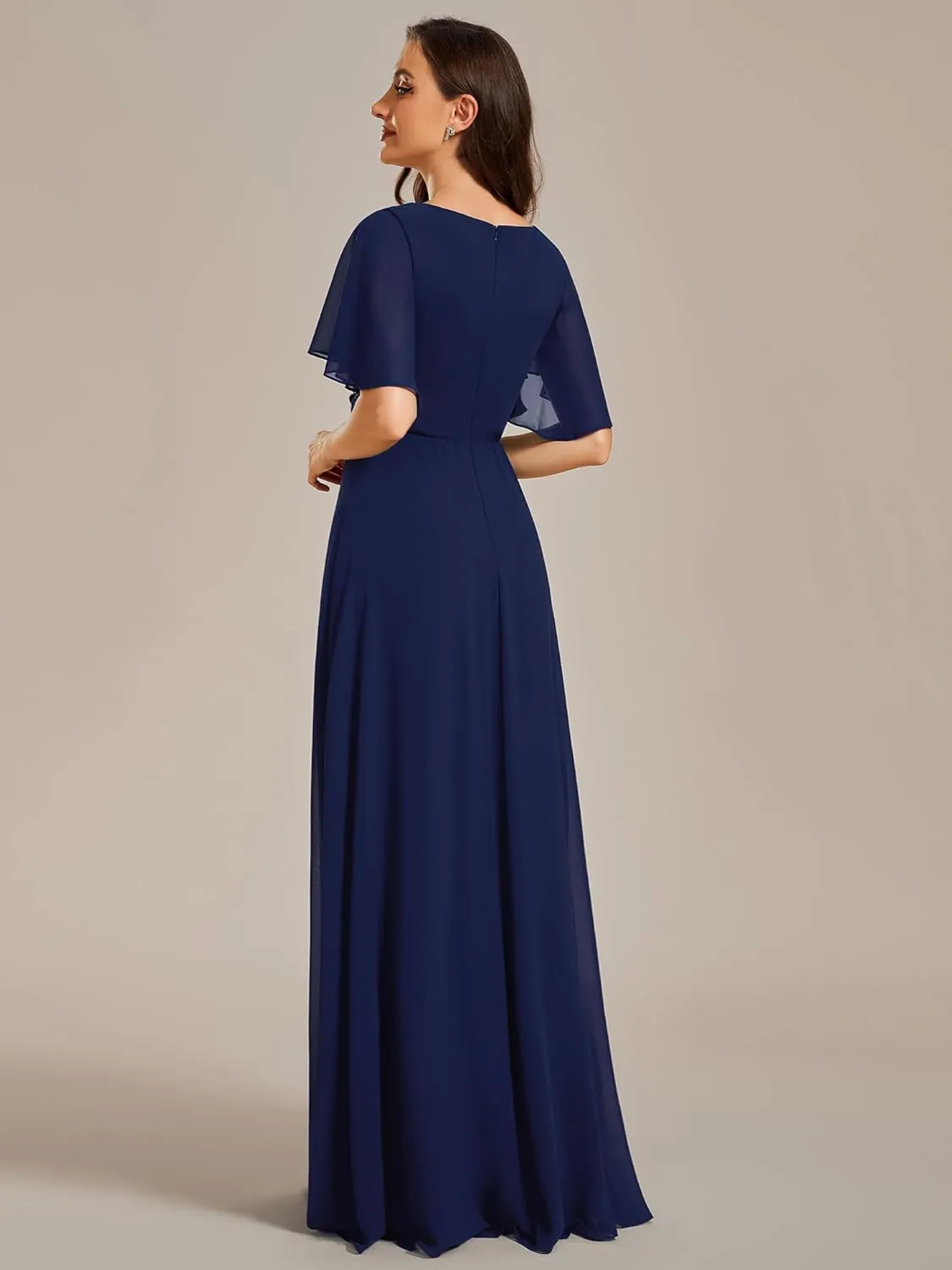 Ever-Pretty Women's Chiffon A-Line Ruched Short Sleeves Applique Waist V Neck Formal Dresses and Evening Gowns