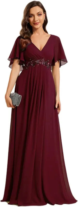 Ever-Pretty Women's Chiffon A-Line Ruched Short Sleeves Applique Waist V Neck Formal Dresses and Evening Gowns