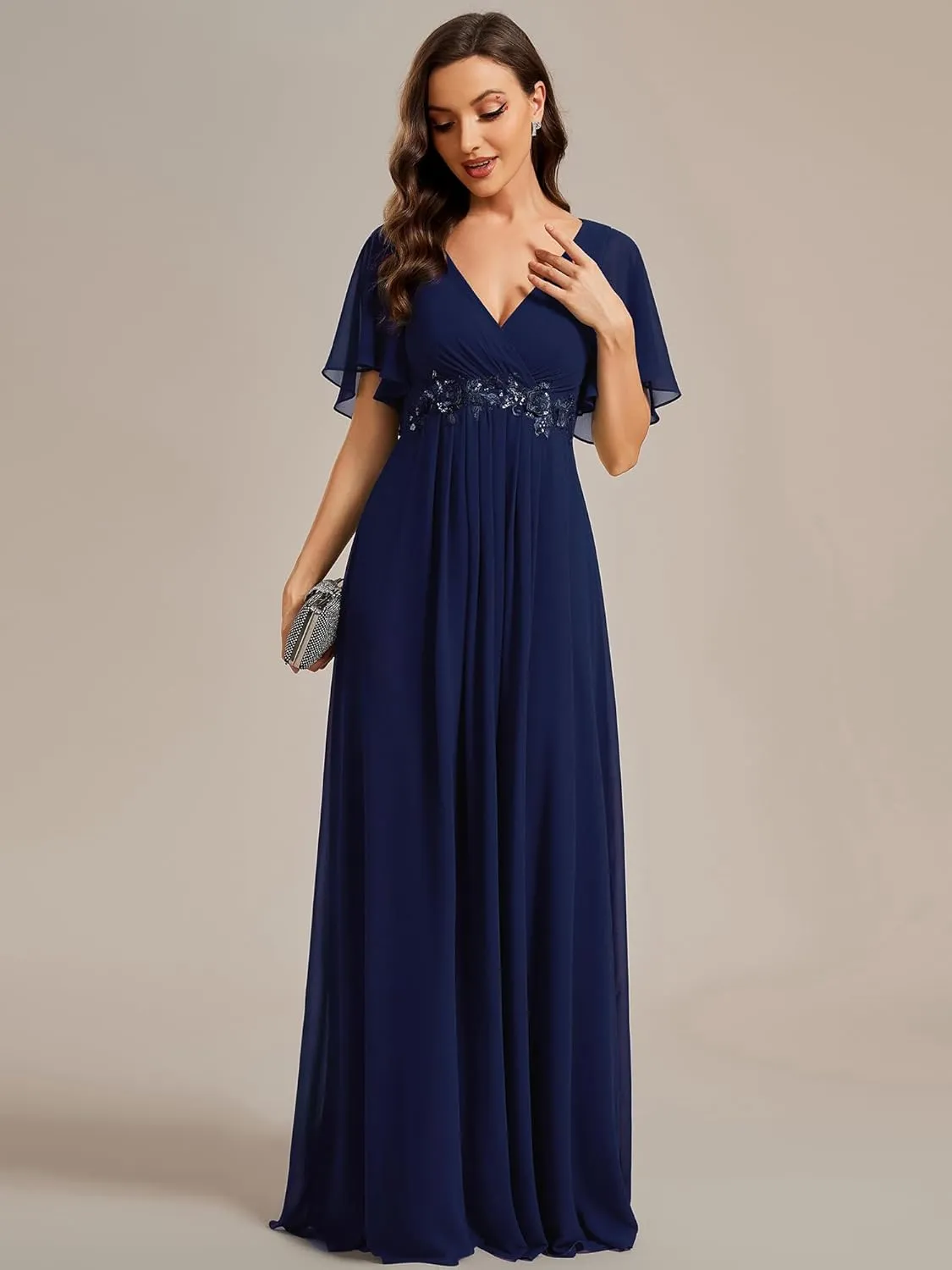 Ever-Pretty Women's Chiffon A-Line Ruched Short Sleeves Applique Waist V Neck Formal Dresses and Evening Gowns