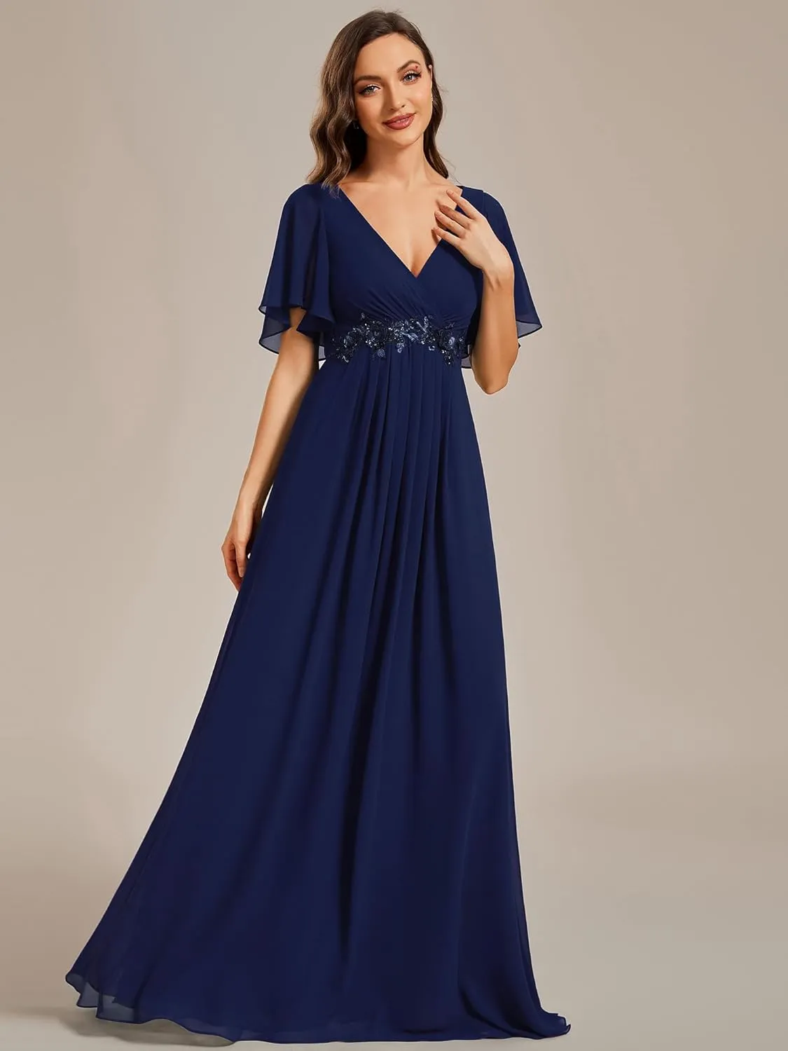 Ever-Pretty Women's Chiffon A-Line Ruched Short Sleeves Applique Waist V Neck Formal Dresses and Evening Gowns