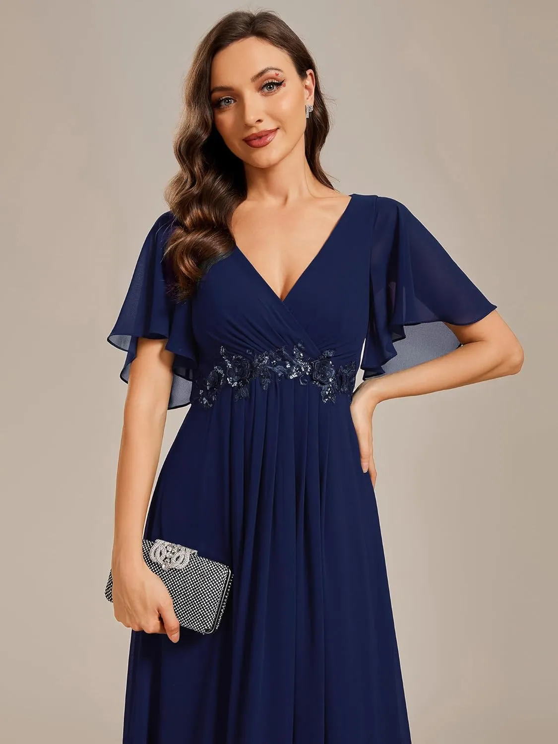 Ever-Pretty Women's Chiffon A-Line Ruched Short Sleeves Applique Waist V Neck Formal Dresses and Evening Gowns