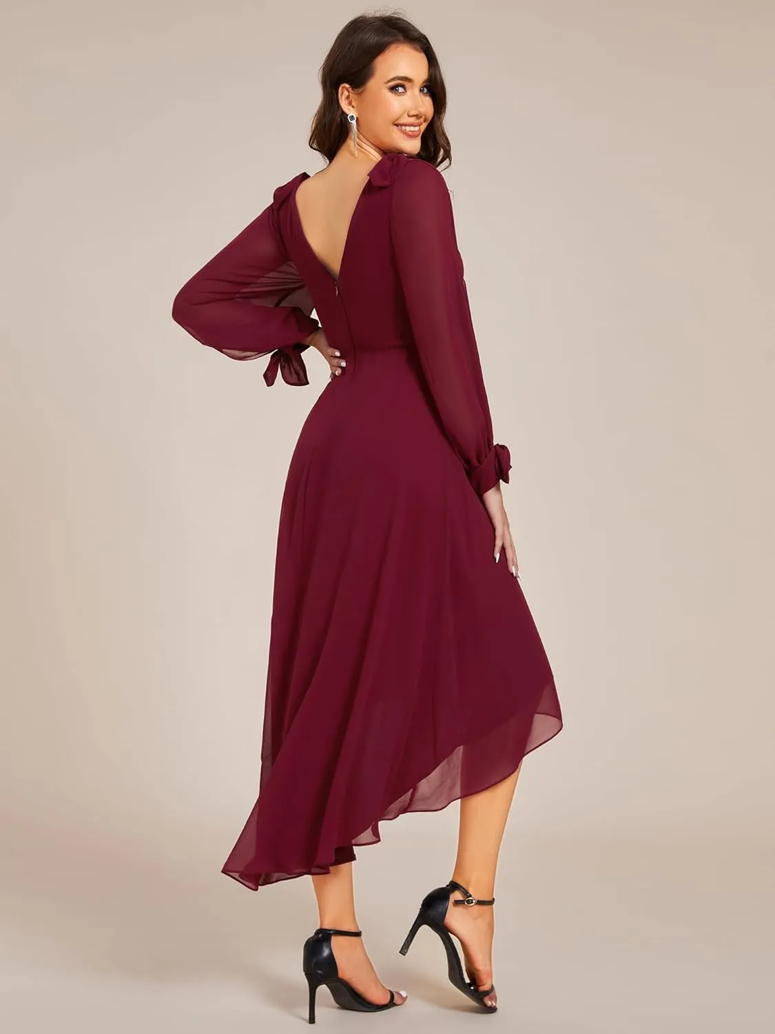 Ever-Pretty Women's Chiffon Formal Dress Long Sleeve Ruched High Low Midi Length A Line Bridesmaid Dresses 02269