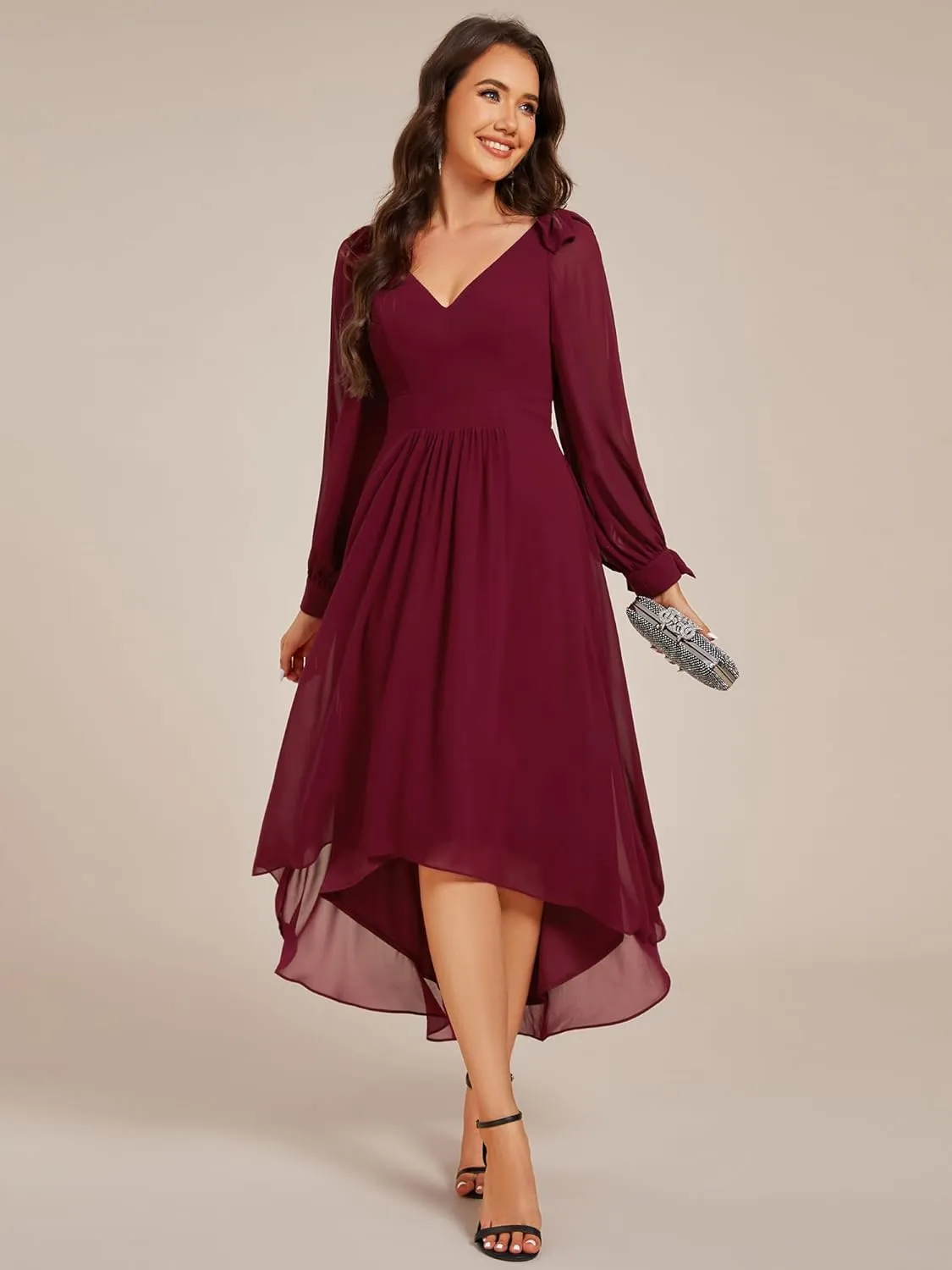Ever-Pretty Women's Chiffon Formal Dress Long Sleeve Ruched High Low Midi Length A Line Bridesmaid Dresses 02269