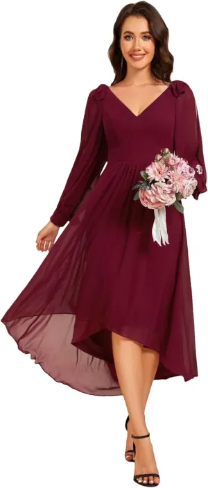 Ever-Pretty Women's Chiffon Formal Dress Long Sleeve Ruched High Low Midi Length A Line Bridesmaid Dresses 02269