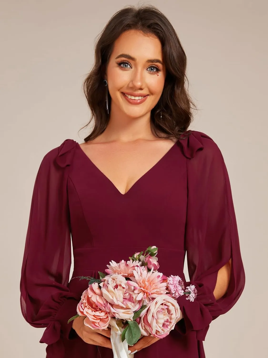 Ever-Pretty Women's Chiffon Formal Dress Long Sleeve Ruched High Low Midi Length A Line Bridesmaid Dresses 02269