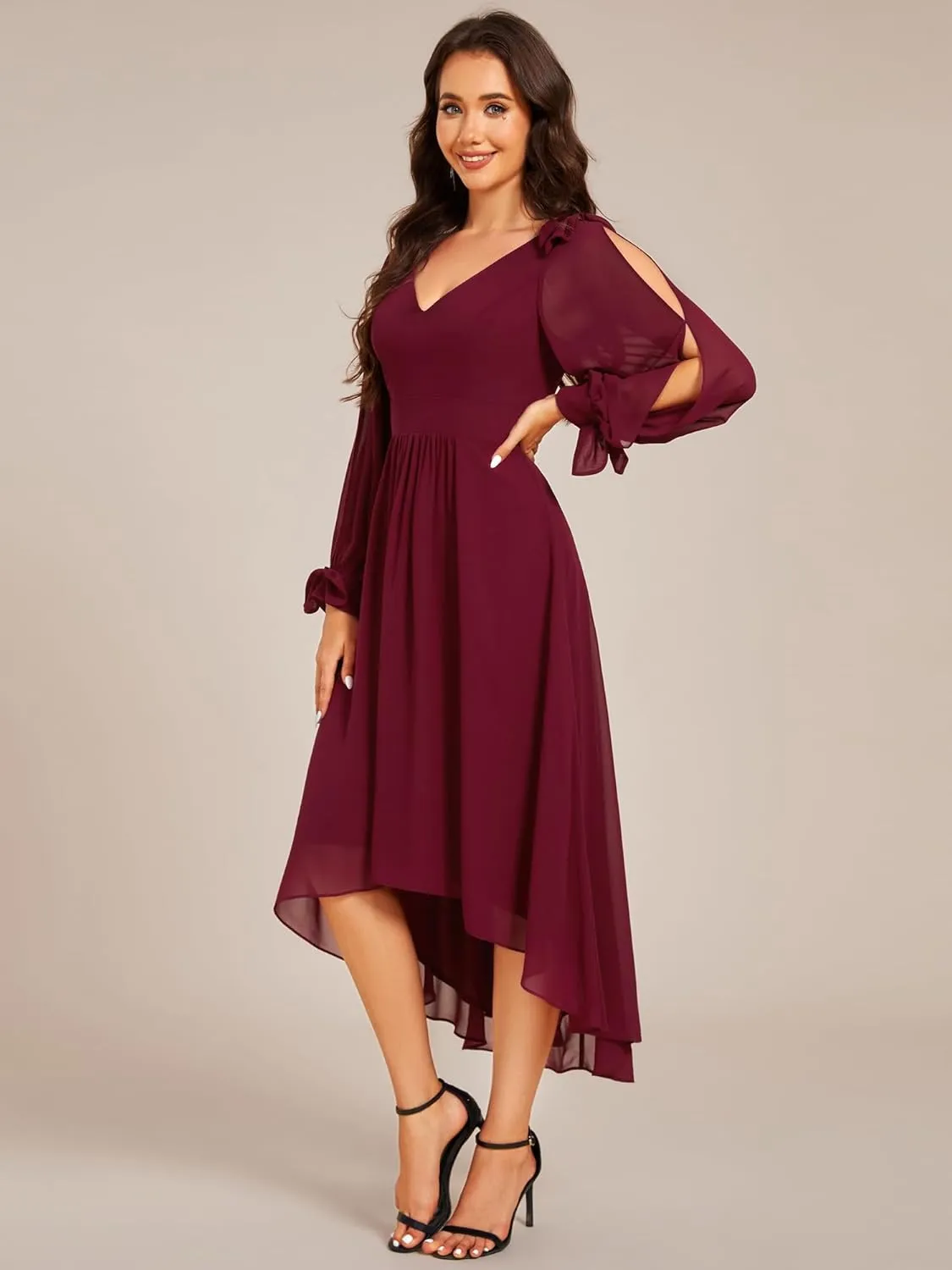 Ever-Pretty Women's Chiffon Formal Dress Long Sleeve Ruched High Low Midi Length A Line Bridesmaid Dresses 02269