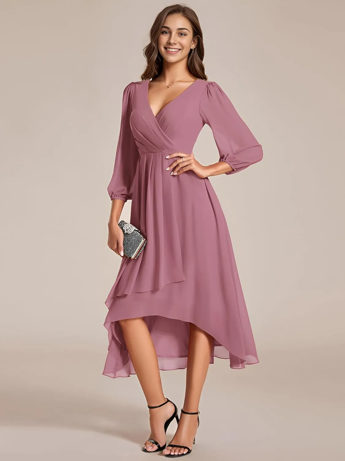 Ever-Pretty Women's Chiffon V Neck Long Sleeves Pleated A-Line Midi Length Wedding Guest Dress 01926