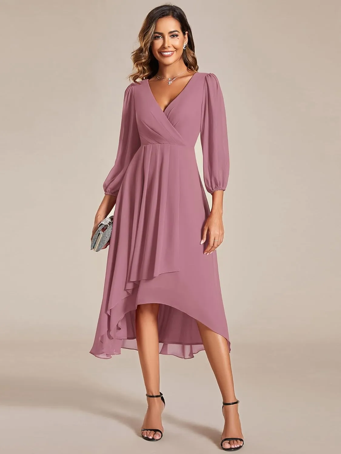 Ever-Pretty Women's Chiffon V Neck Long Sleeves Pleated A-Line Midi Length Wedding Guest Dress 01926