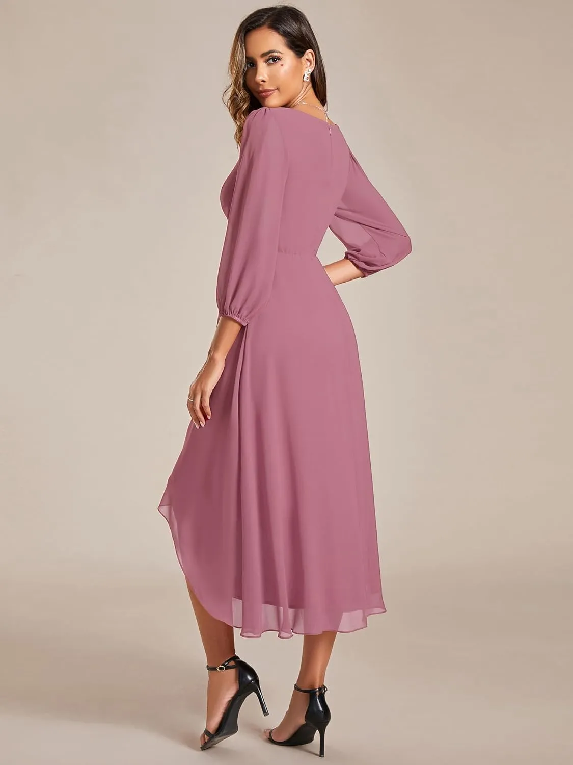 Ever-Pretty Women's Chiffon V Neck Long Sleeves Pleated A-Line Midi Length Wedding Guest Dress 01926