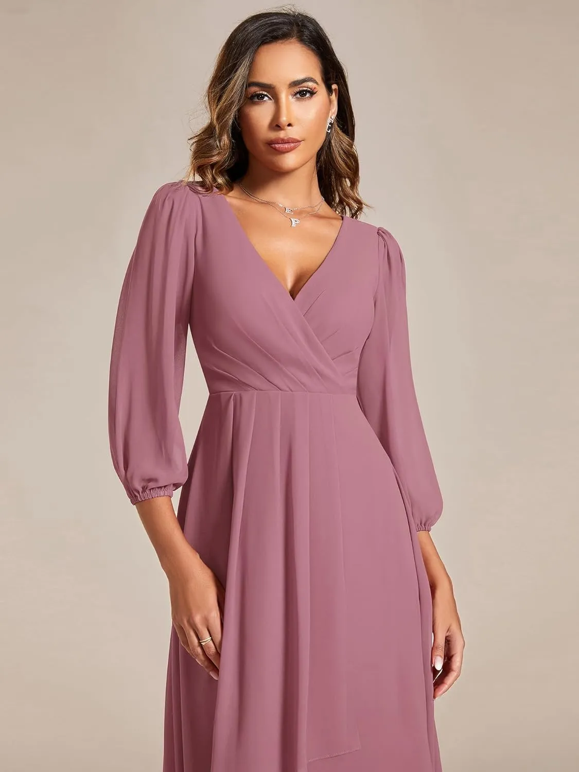 Ever-Pretty Women's Chiffon V Neck Long Sleeves Pleated A-Line Midi Length Wedding Guest Dress 01926