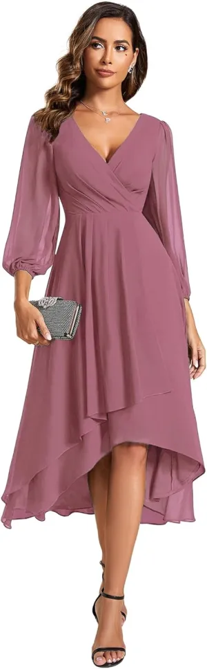 Ever-Pretty Women's Chiffon V Neck Long Sleeves Pleated A-Line Midi Length Wedding Guest Dress 01926