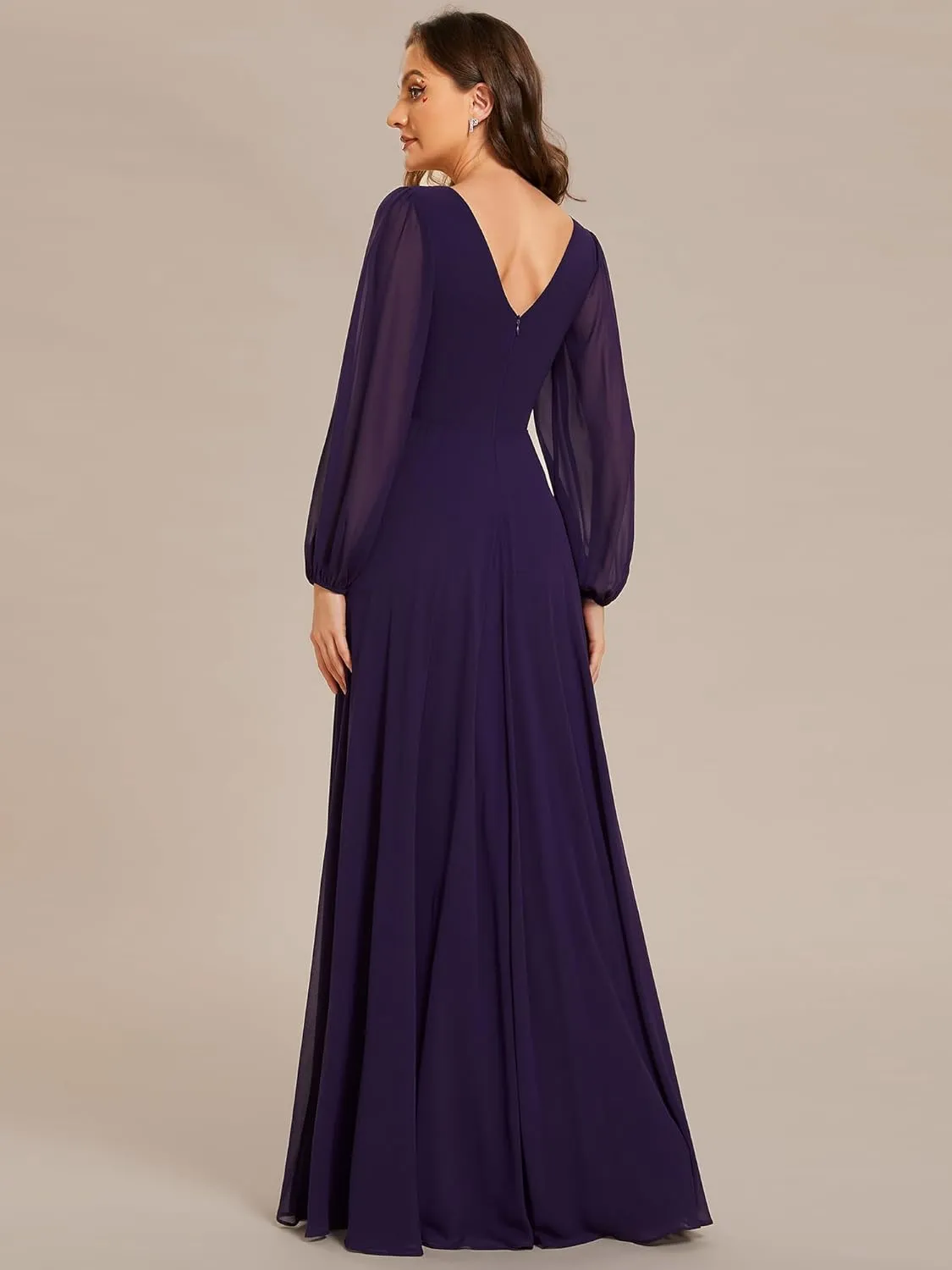 Ever-Pretty Women's Formal Dresses Long Sleeve V Neck Empire Waist A Line Beading Floor Length Wedding Guest Dress 01981
