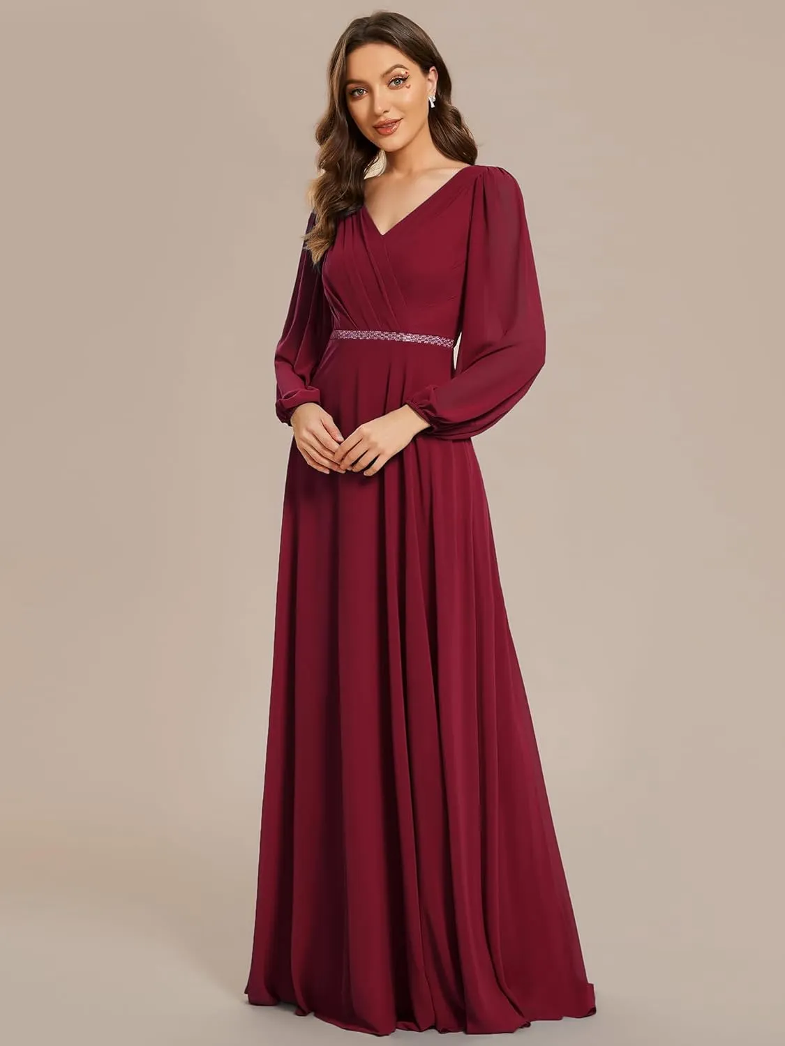 Ever-Pretty Women's Formal Dresses Long Sleeve V Neck Empire Waist A Line Beading Floor Length Wedding Guest Dress 01981