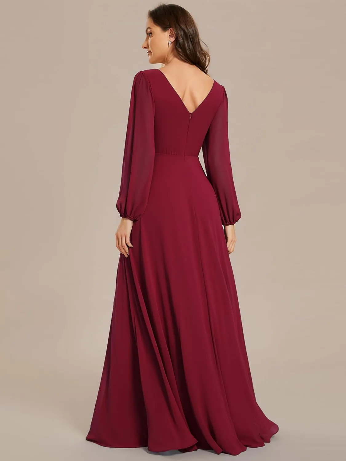Ever-Pretty Women's Formal Dresses Long Sleeve V Neck Empire Waist A Line Beading Floor Length Wedding Guest Dress 01981