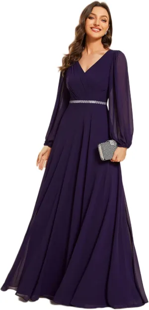 Ever-Pretty Women's Formal Dresses Long Sleeve V Neck Empire Waist A Line Beading Floor Length Wedding Guest Dress 01981
