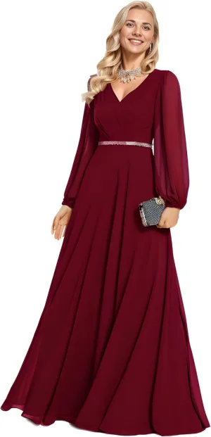 Ever-Pretty Women's Formal Dresses Long Sleeve V Neck Empire Waist A Line Beading Floor Length Wedding Guest Dress 01981