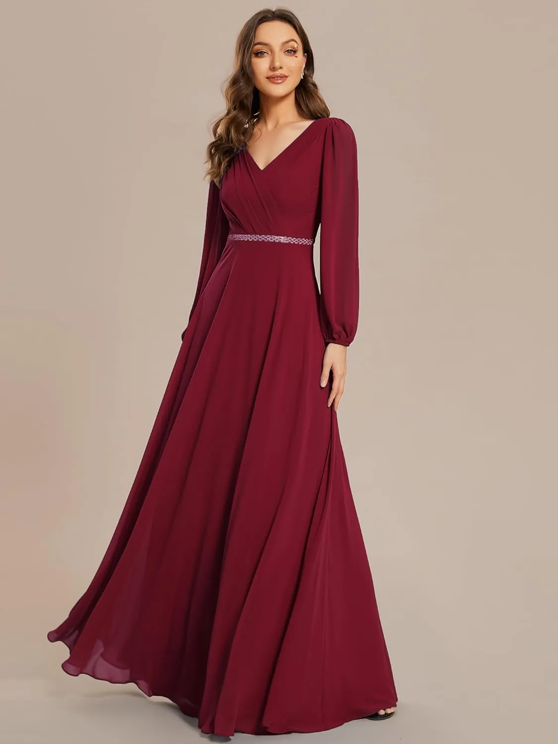 Ever-Pretty Women's Formal Dresses Long Sleeve V Neck Empire Waist A Line Beading Floor Length Wedding Guest Dress 01981