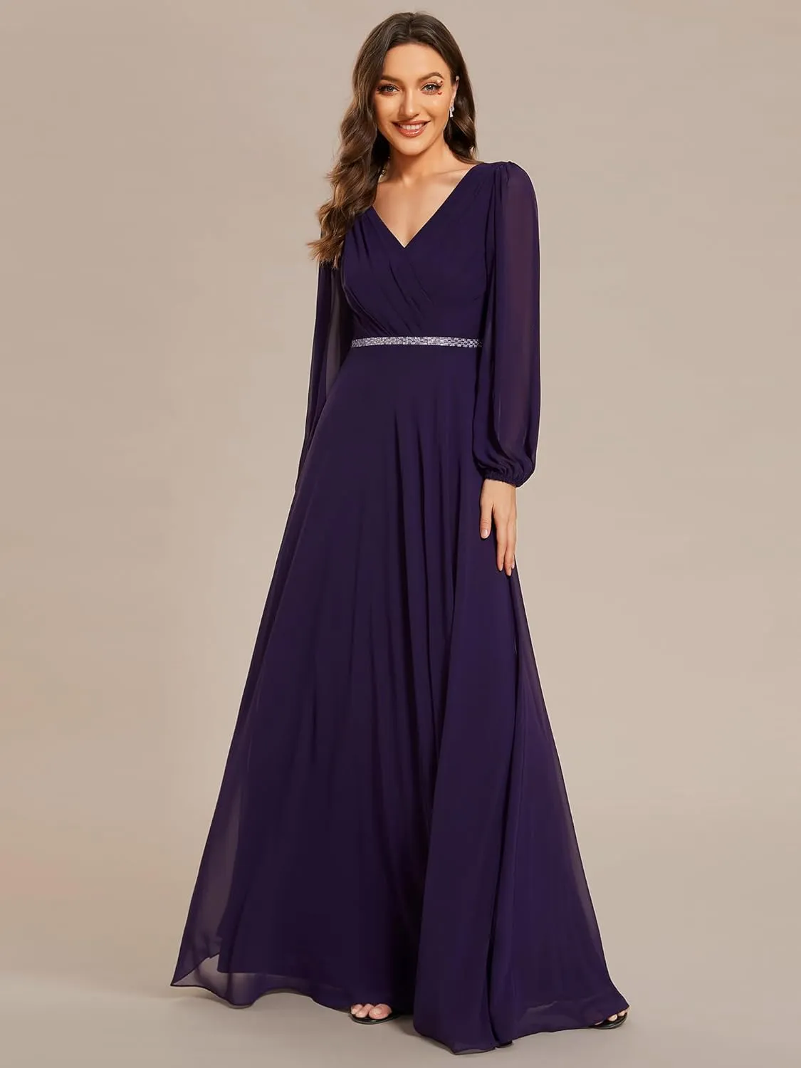 Ever-Pretty Women's Formal Dresses Long Sleeve V Neck Empire Waist A Line Beading Floor Length Wedding Guest Dress 01981